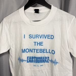 Vintage I Survived The Montebello Earthquake Shirt Men's Medium White Thin 80s